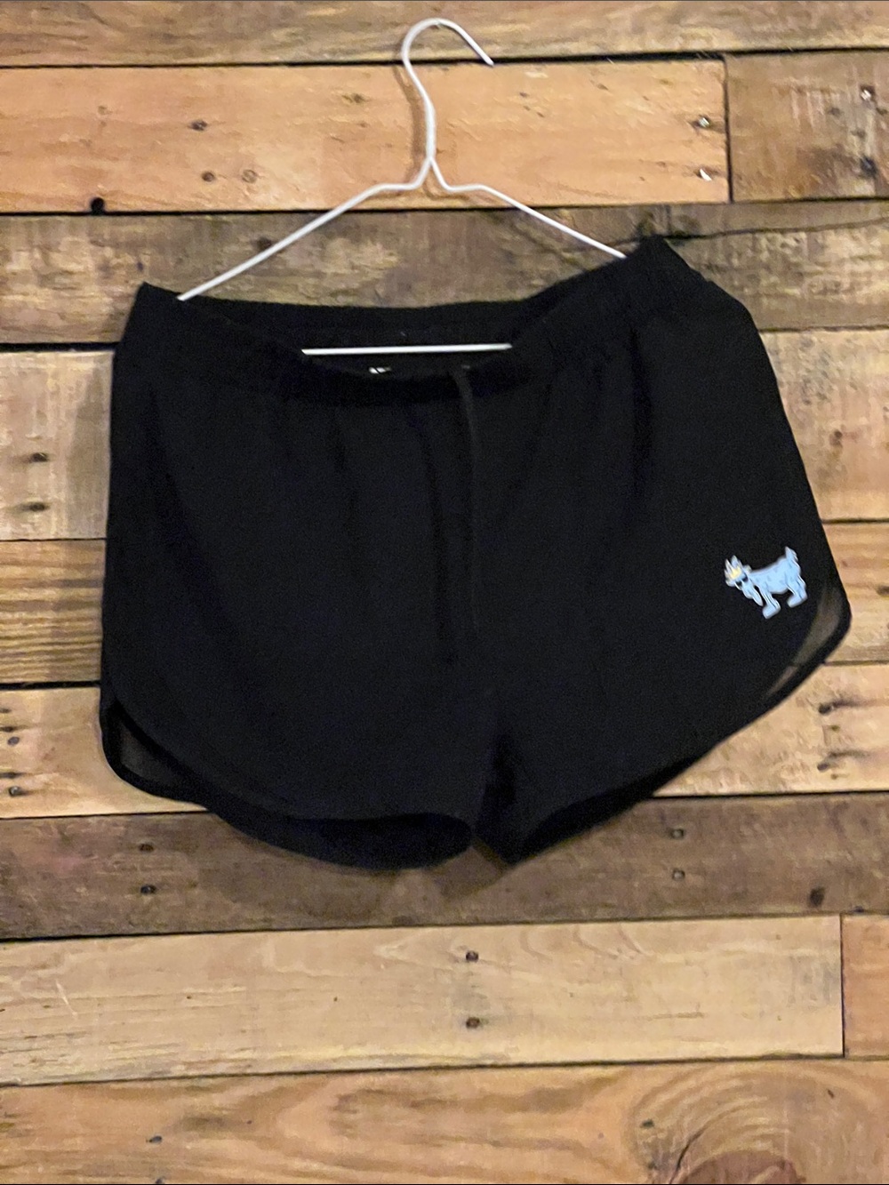 Black Women's Athletic Shorts with Drawstring and Embroidered Cat Detail